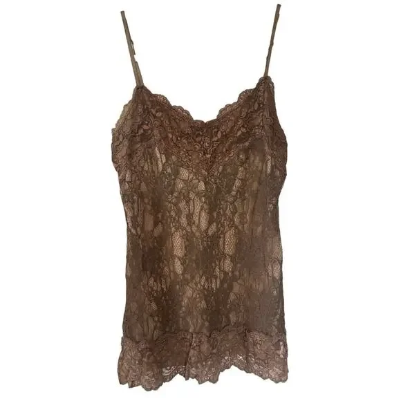 Y2K Brown Lace Sheer Back Cami Tank Top EST size S-M - Picture 1 of 4